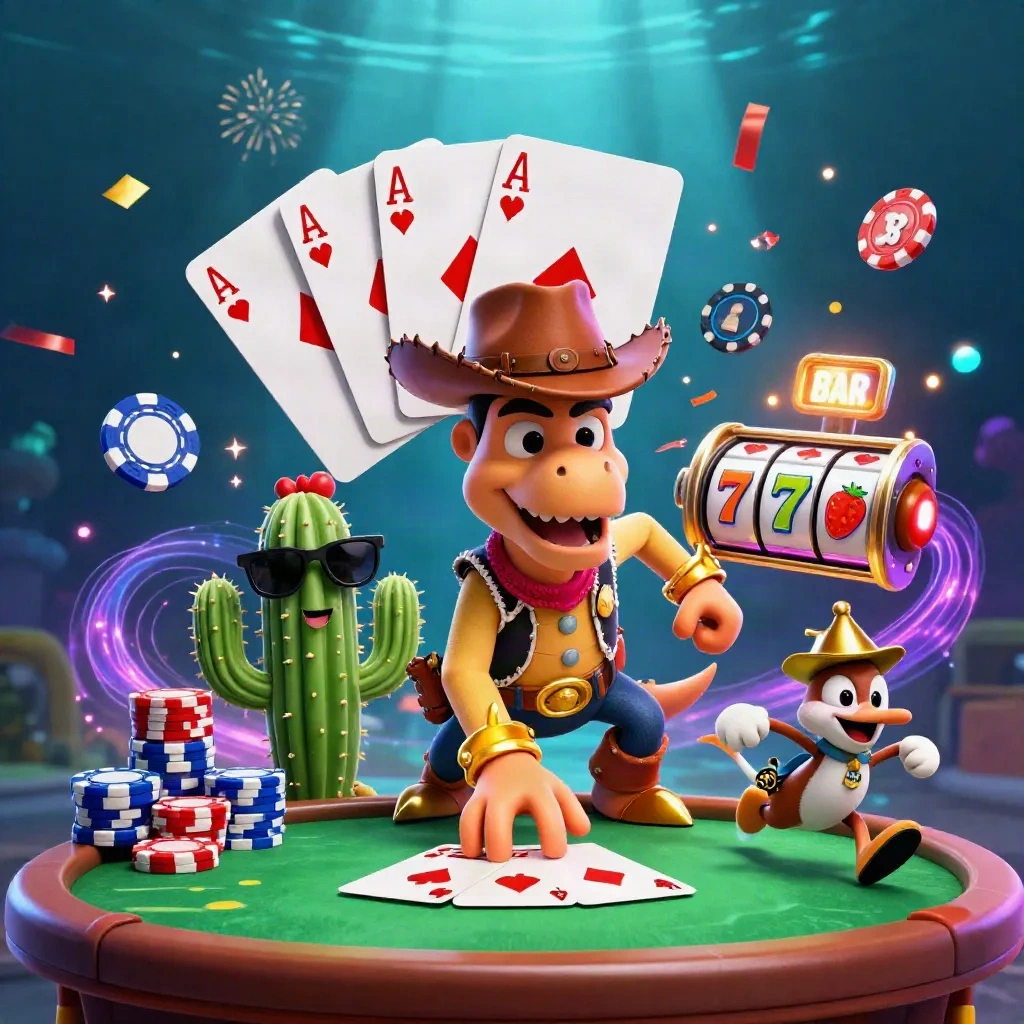 Tokoh dinosaurus koboi, kaktus berkacamata, dan burung sheriff di meja poker dengan slot neon.
