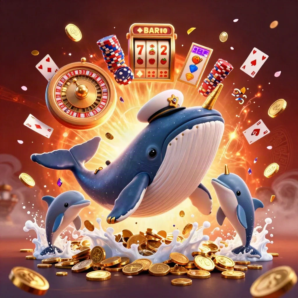 Paus kapten 3D, narwhal, dan lumba-lumba di tengah koin, roda slot, dan cahaya kasino mewah.