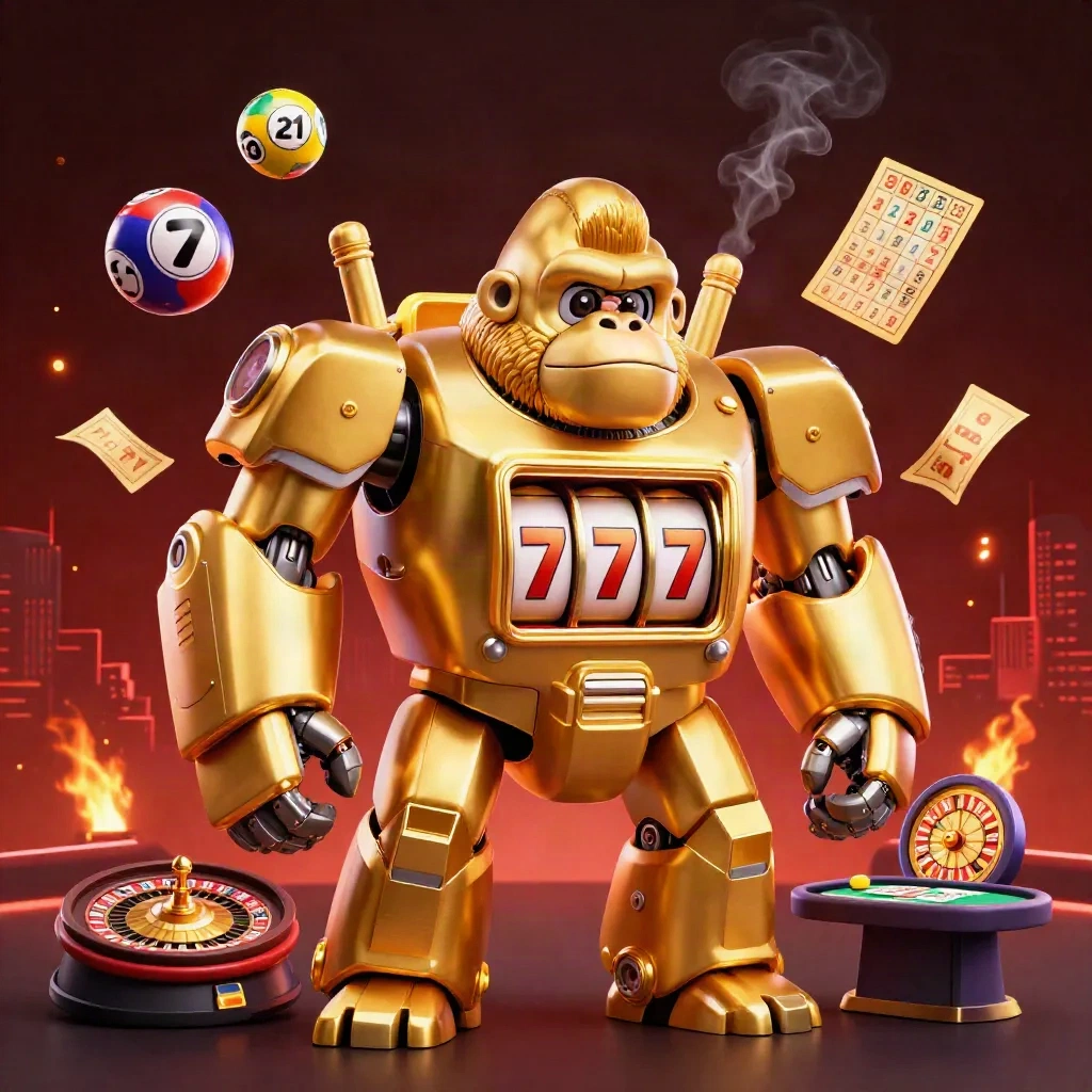 Mecha gorila emas dengan bola lotre dan roda hadiah, berkilau ungu neon.