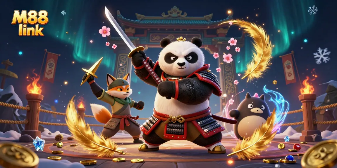 Experience thrilling bets with the M88 link: samurai panda and ninja fox in an electrifying casino scene.