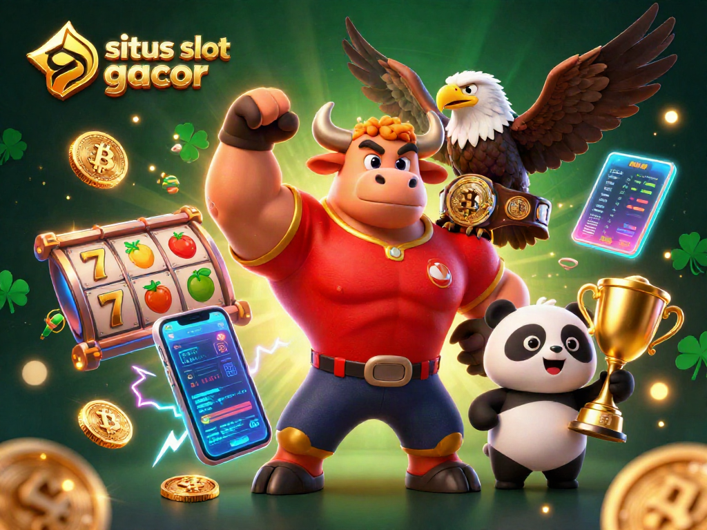 Situs slot gacor menampilkan karakter maskot kasino, simbol buah, dan koin crypto di latar mewah.