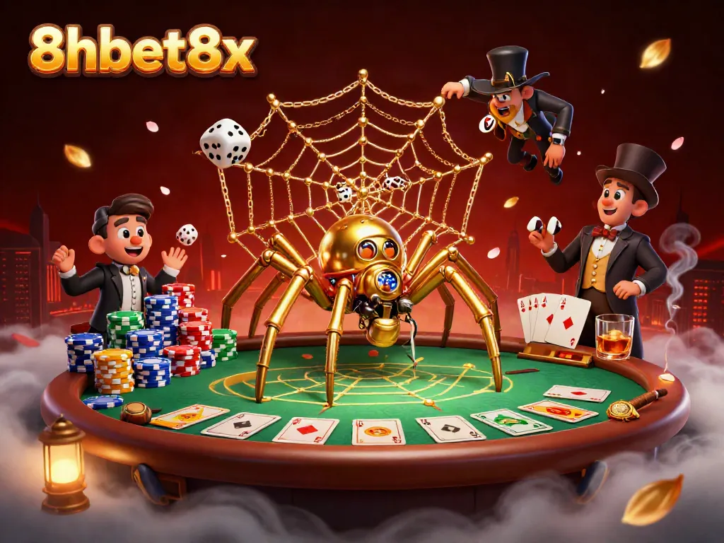 Experience the thrill of 8xbet8x with rich poker and casino elements in a vibrant 3D digital art.