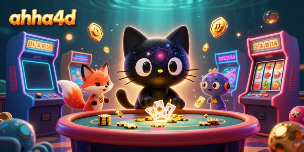 Experience the cosmic thrills of ahha4d with a whimsical and vibrant gaming scene full of slots and arcades.