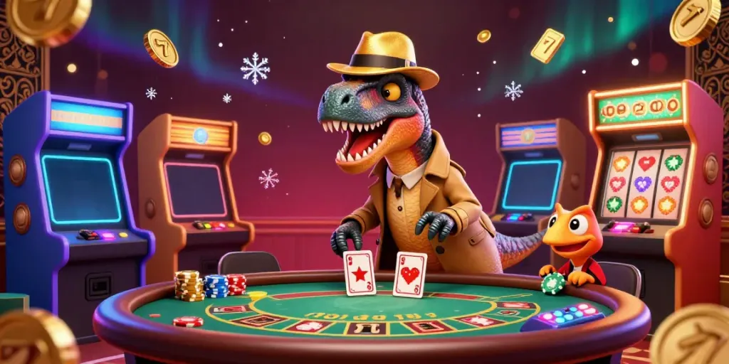 Experience the thrilling world of Sunwin casino with a velociraptor card counter and a colorful gaming atmosphere.