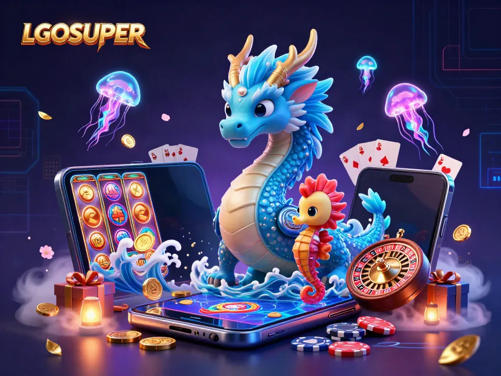 Engage with the exciting world of LGOSUPER featuring a vibrant 3D dragon and casino elements.