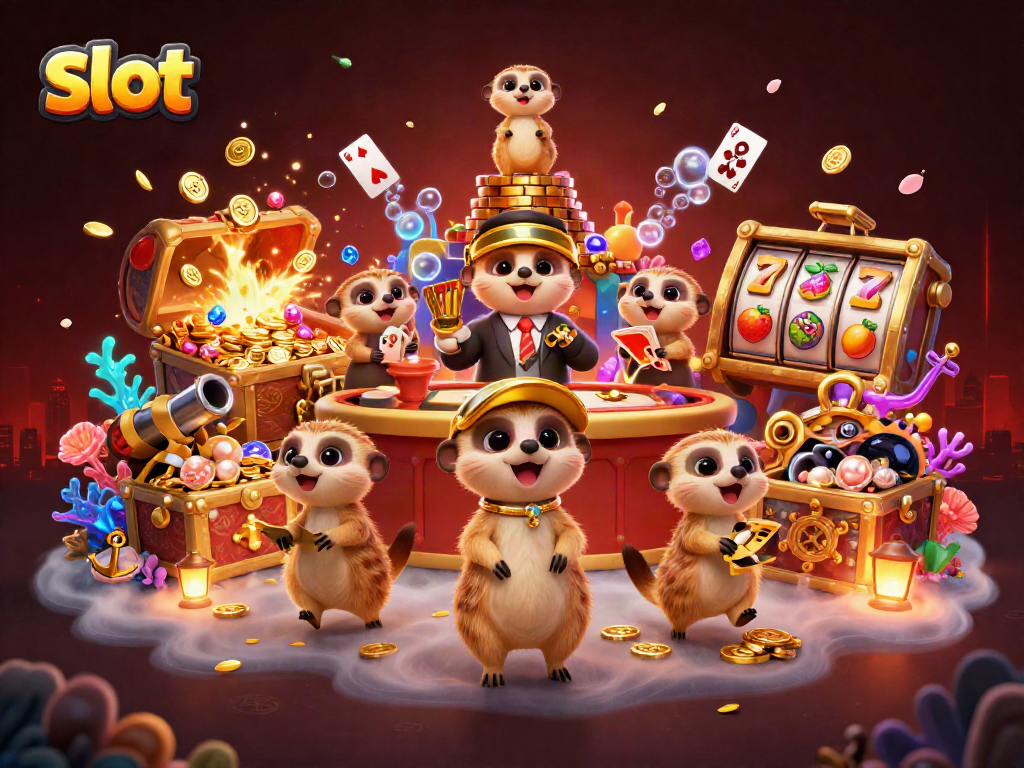 Engage with slot gameplay as meerkats manage a vibrant casino, capturing the thrill of winning.