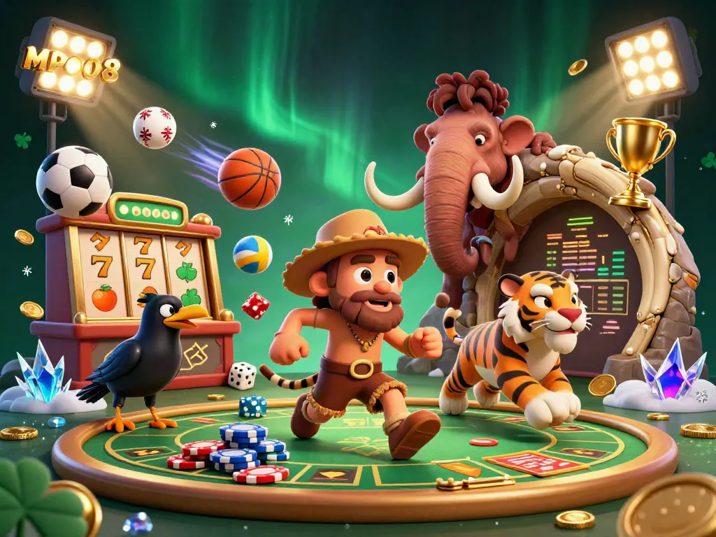 Experience excitement with MPO08 as a caveman and sabertooth duo play slots alongside a clever crow.