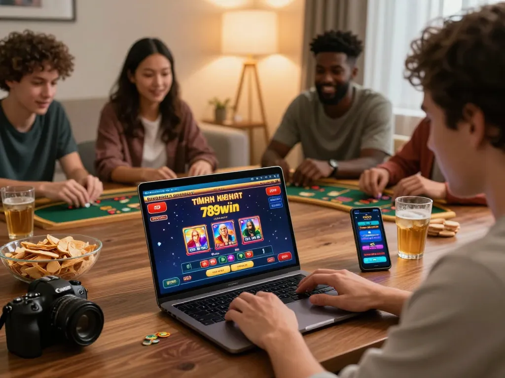Engaged player exploring khuyến mãi 789win offers on laptop with cozy home setup and snacks.
