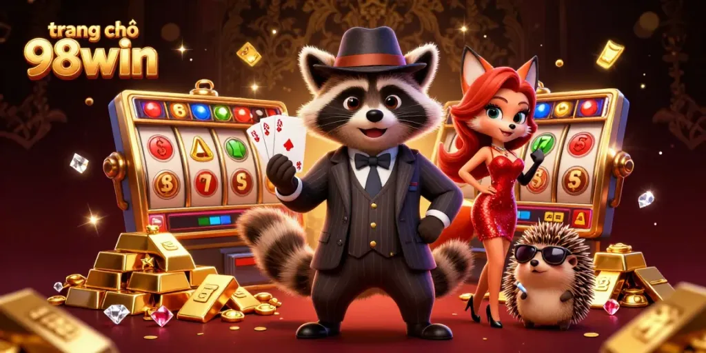 Experience the thrill at trang chủ 98win with raccoon holding a royal flush amidst dynamic casino elements.