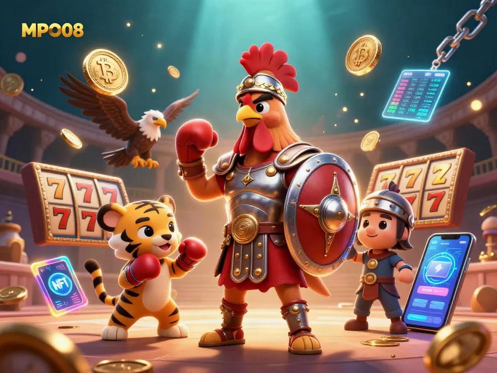 MPO08 showcases a vibrant colosseum scene with a rooster gladiator, tiger cub, and eagle amidst exciting slot game elements.