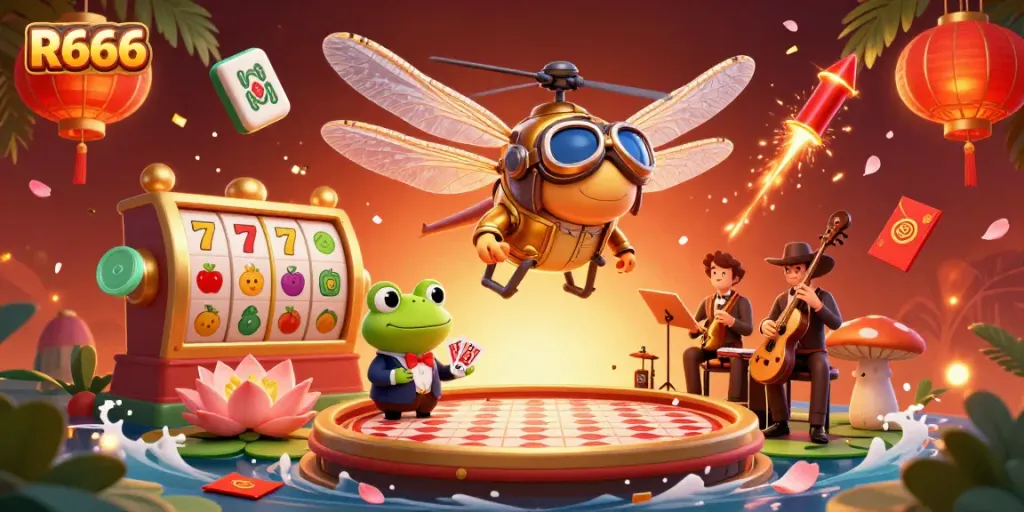 Engaging scene of R666 showcasing a dragonfly pilot and frog dealer in a vibrant casino atmosphere.