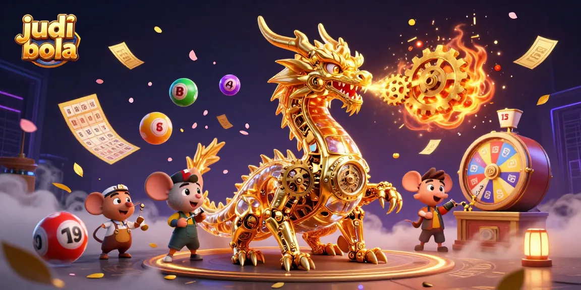 Place bets on judi bola with a dynamic scene featuring unique game elements and a golden dragon.