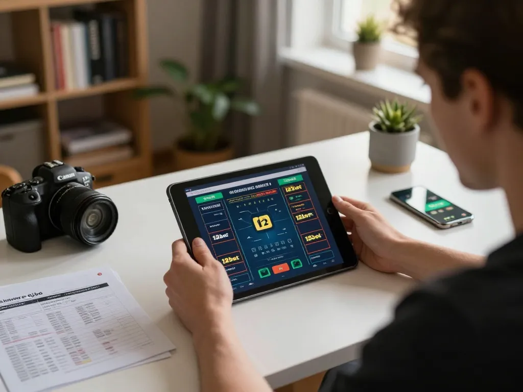 Tham gia một phiên cược trực tuyến với Liên Kết 12bet hiển thị trên một máy tính bảng, thể hiện lối chơi chiến lược.