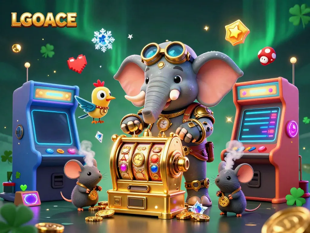 Experience the thrill of LGOACE as you engage in a vibrant gaming scene with colorful slot machines and animated characters.
