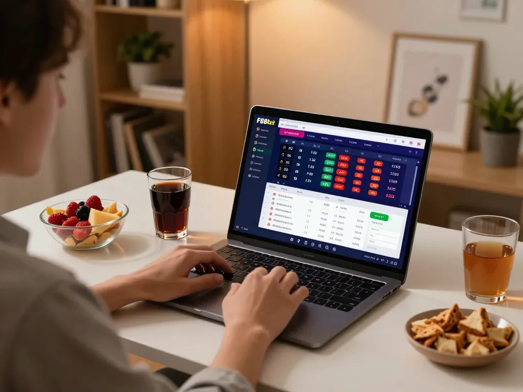 Engaging in strategic betting on F88bet interface during a cozy home setup.