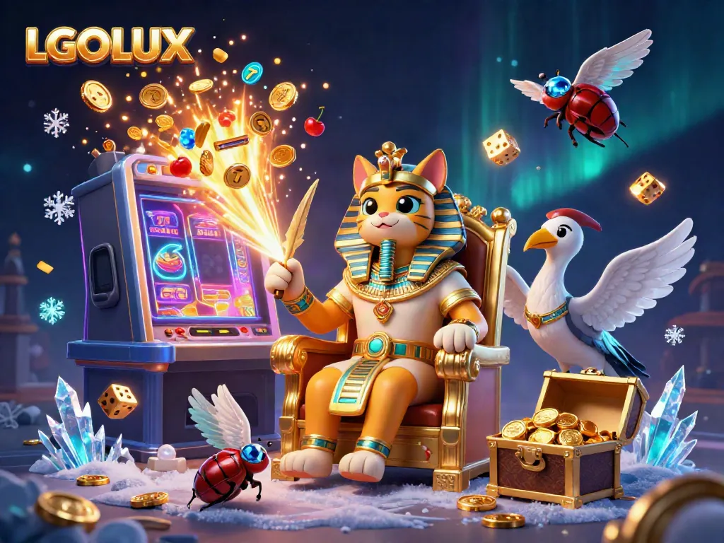 Experience the thrill of gaming at LGOLUX with vibrant casino elements and 3D characters.