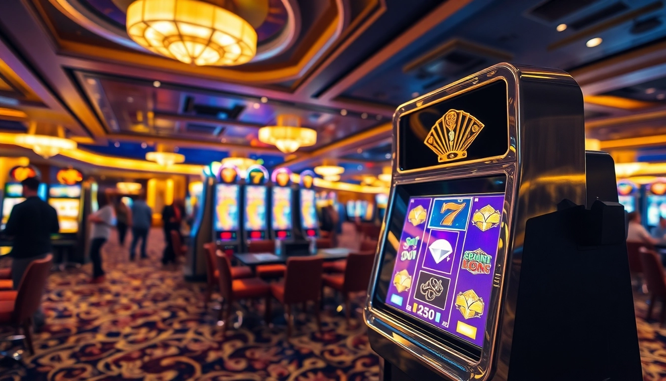 Putar slot mesin di kasino yang ramai dan bercahaya dengan fitur menarik.