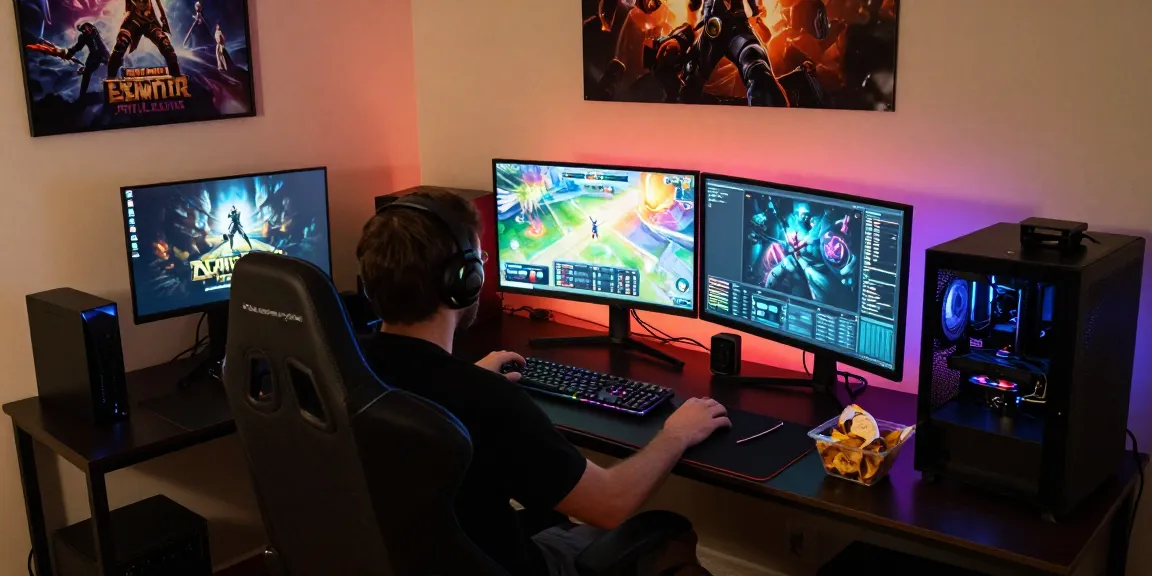 Gamer memainkan ligagalaxy dalam suasana nyaman dengan layar bercahaya RGB.