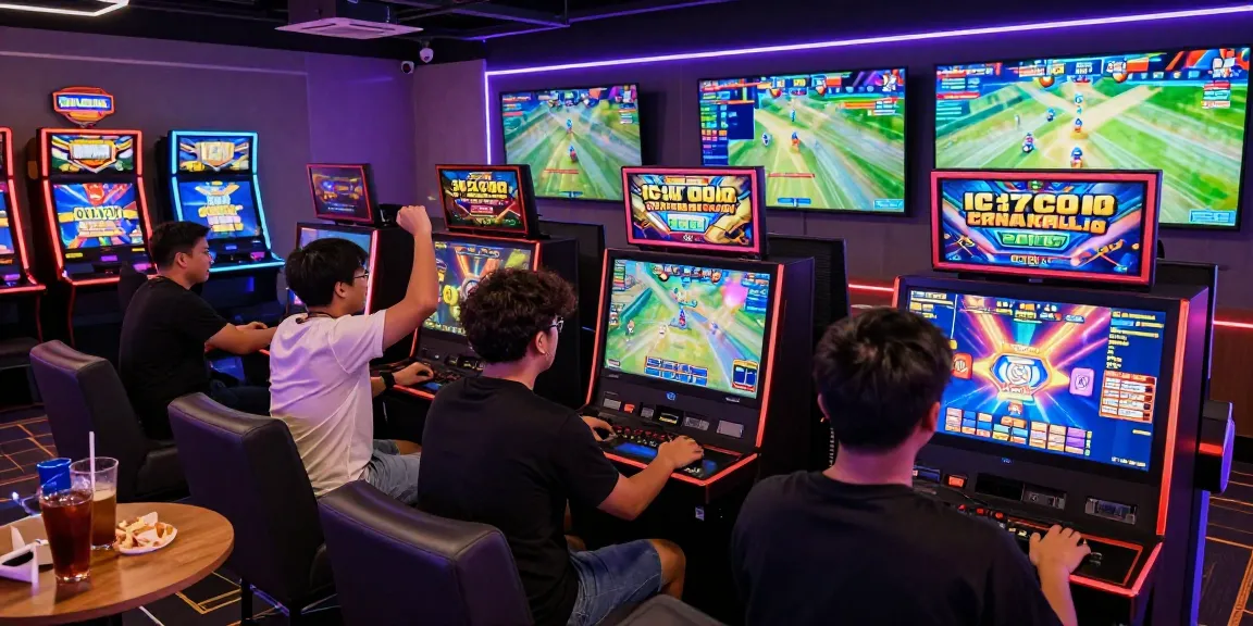 Players enjoying slot gacor games in a vibrant gaming lounge with exciting neon lights.