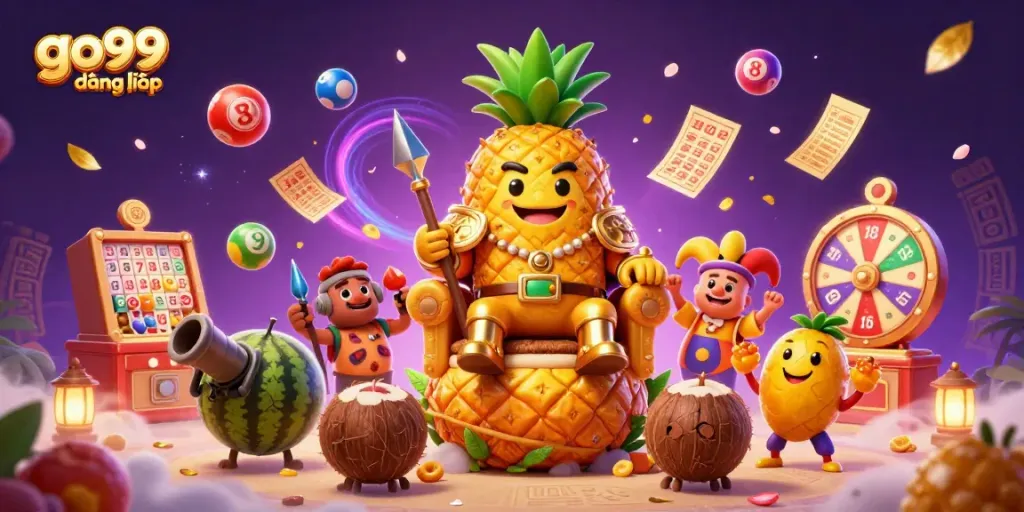 Experience excitement with go99 đăng nhập as the golden pineapple king hosts a vibrant casino scene.