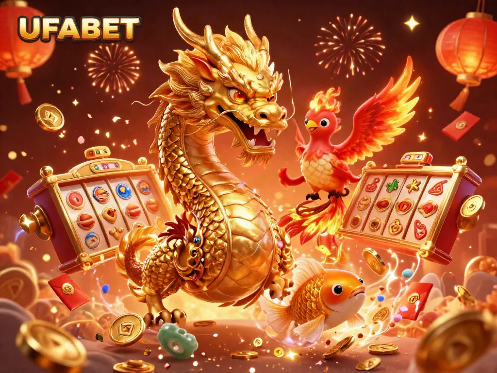 Play exciting slots with UFABET featuring a dragon, phoenix, and koi fish in a vibrant 3D illustration.