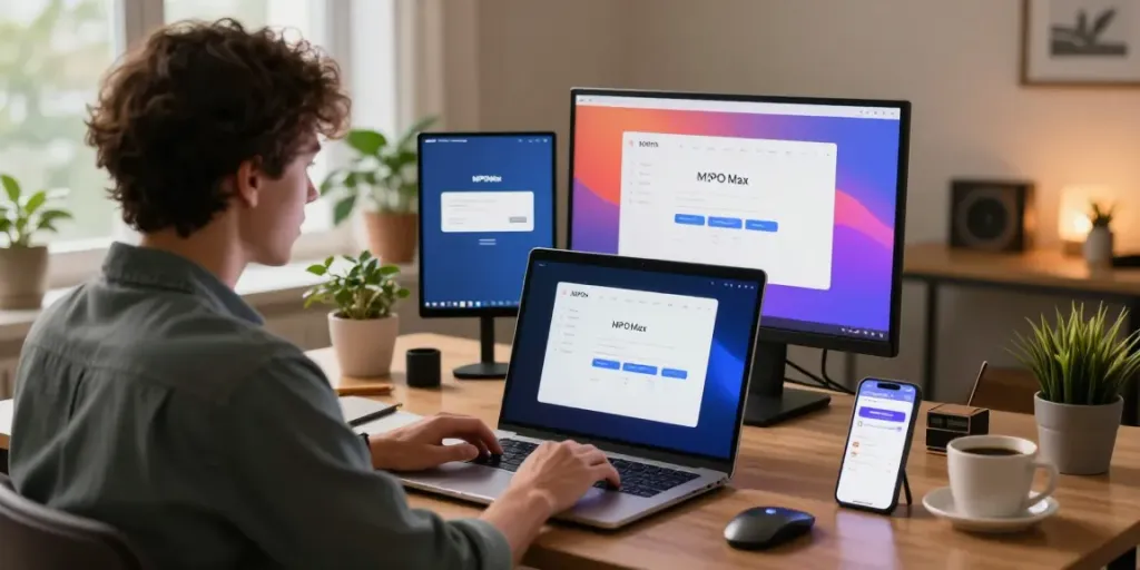 User navigating the MPOMAX platform in a modern home office, showcasing the seamless access to MPO Max services.