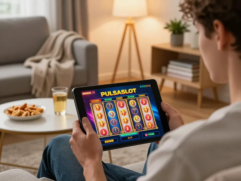 PULSASLOT player enjoying engaging slot game experience on a tablet in a cozy living room setting.