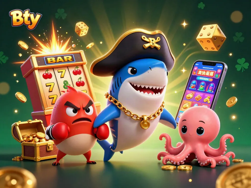 Bty showcases a lively 3D casino scene featuring a pirate shark and octopus amidst vibrant jackpots.