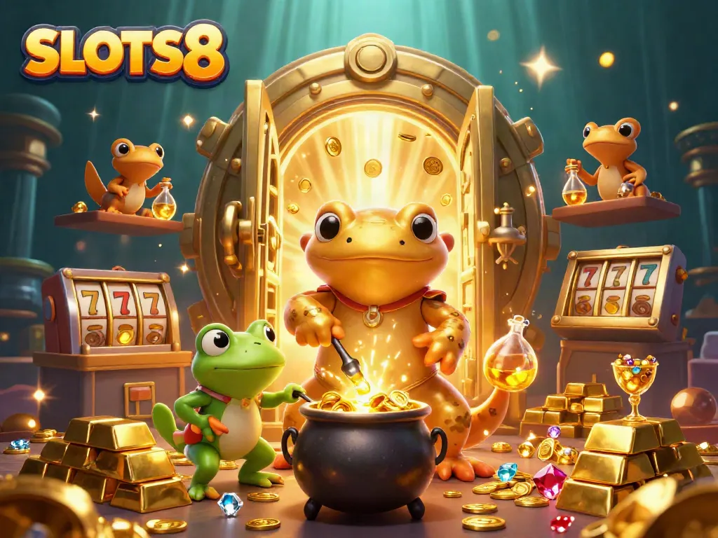 SLOTS8 showcases an enchanting scene with a golden salamander and frog in a dynamic casino laboratory.