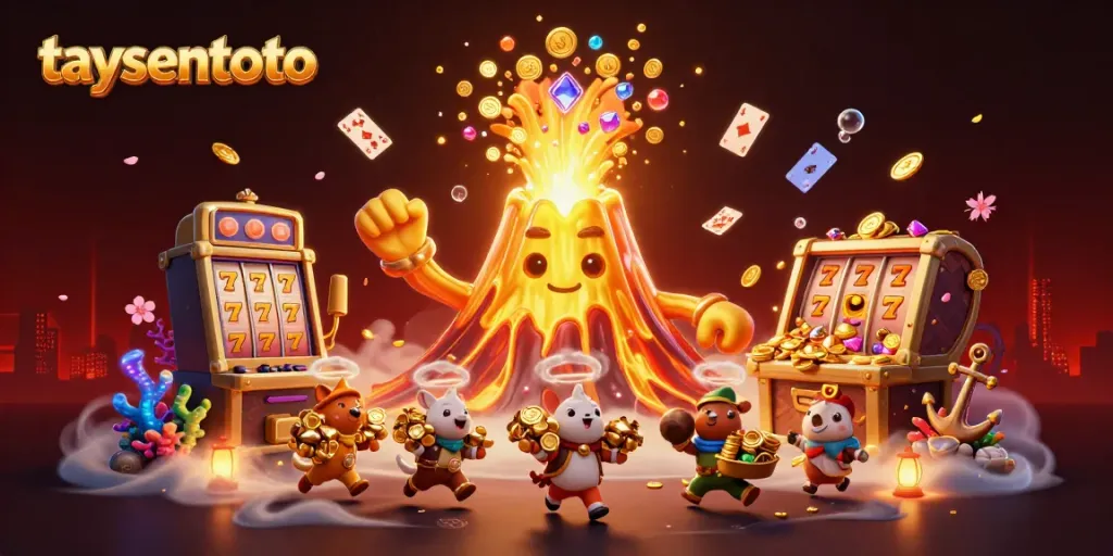 Gambaran bet yang seru di taysentoto dengan mesin slot emas dan karakter imut.