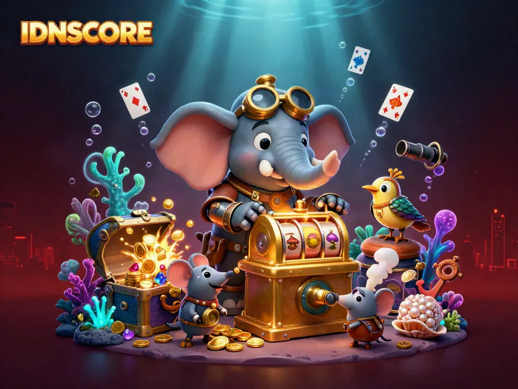 Experience big wins with IDNSCORE's vibrant 3D casino scene featuring steampunk characters and dynamic game elements.