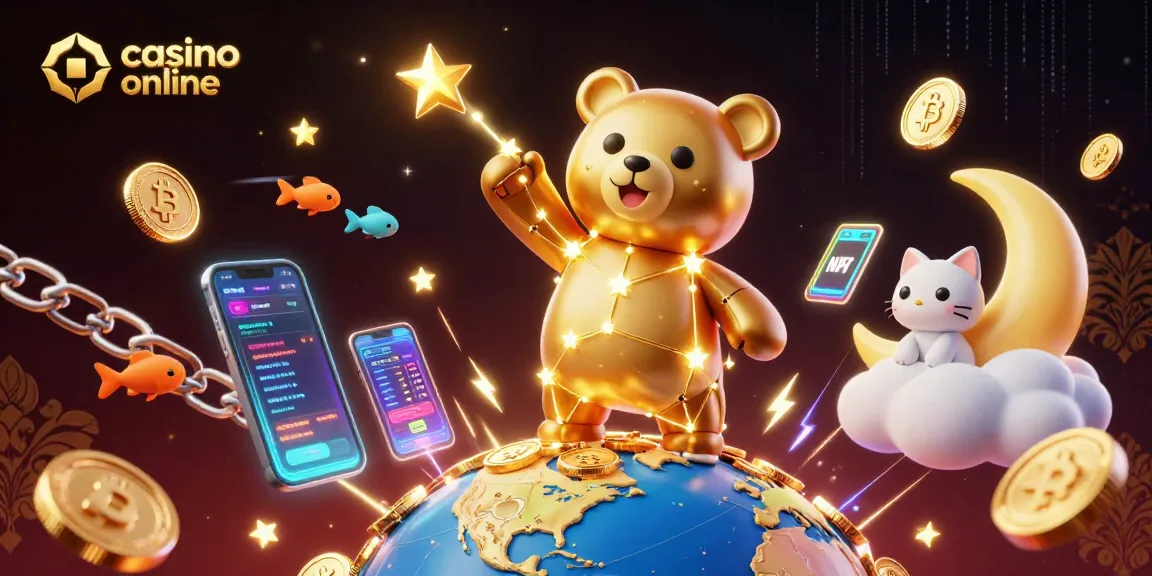 Play at casino online with a vibrant scene featuring golden constellation bear, crypto coins, and shooting star fish.