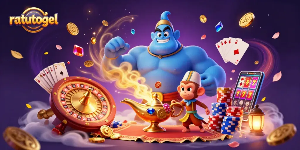 Experience the magic of ratutogel with a vibrant casino-themed 3D illustration, featuring a genie and poker elements.
