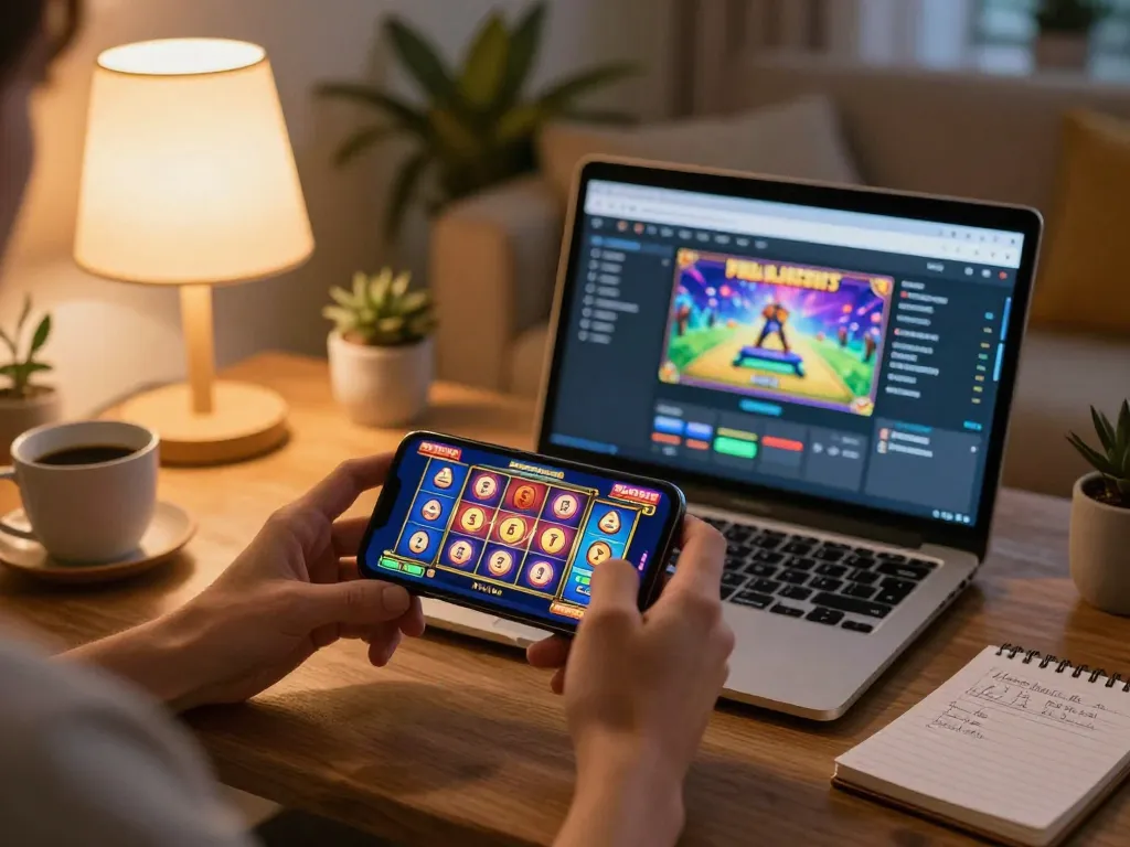 Player winning on situs slot game in a cozy home setting with smartphone and strategy notes.