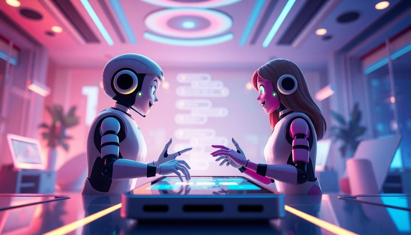 Interactive digital chat showcasing Crushon IA with vibrant AI characters in a tech-savvy environment.
