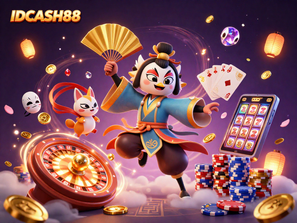 Experience excitement with IDCASH88 and golden coins flying in a vibrant casino scene.