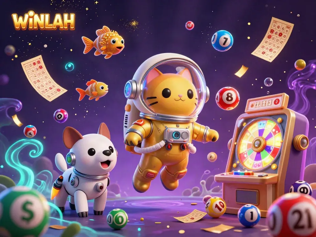 Join the excitement with WINLAH in a vibrant 3D scene of a space cat and robot dog playing at a cosmic casino.
