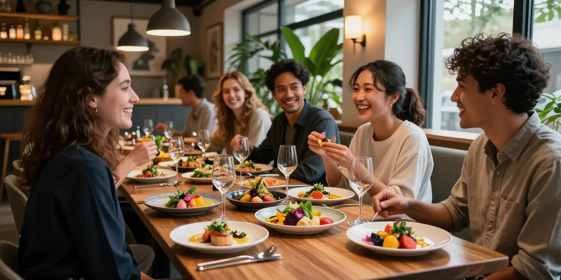 Group enjoying vibrant dishes at Sydney303 Daftar restaurant, showcasing modern dining experience.