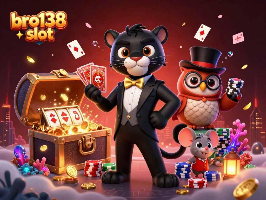 Engage with the vibrant bro138 slot illustration featuring a panther dealer, whimsical owl, and lucky mouse amid exploding treasures.