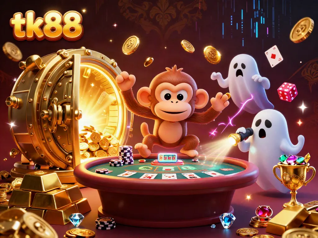 Engage with tk88 in a vibrant haunted casino scene featuring a mischievous poltergeist monkey and ghost-hunter puppy.