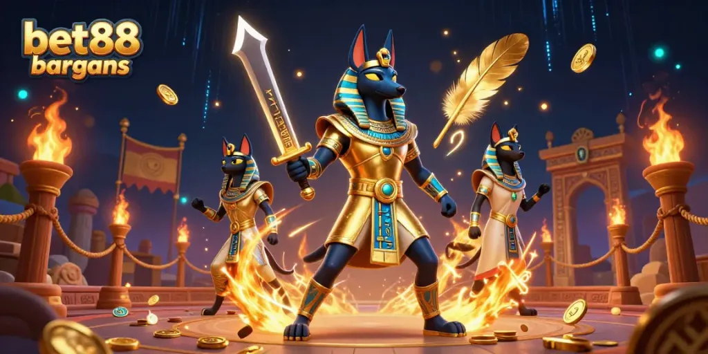 Experience bet88 bargains with Anubis and Bastet in a dramatic ancient casino setting.