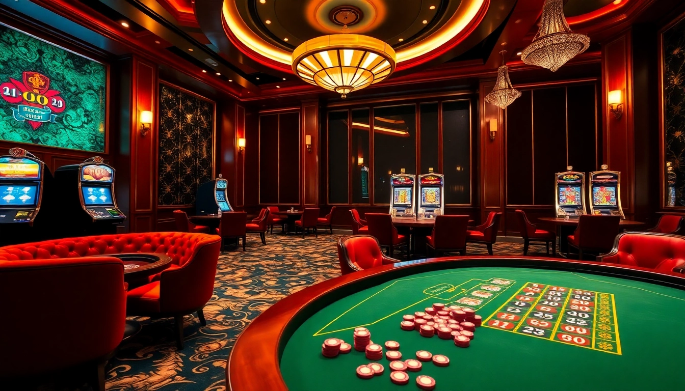 Kaisar888 login experience in a luxurious casino with roulette wheel and slot machines