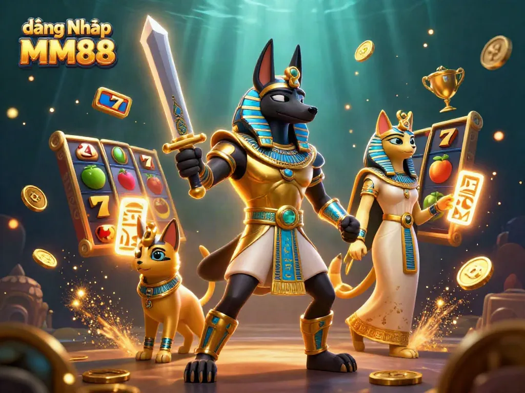 Experience the excitement of đăng Nhập MM88 with vibrant slot machines, gold coins, and animated characters.