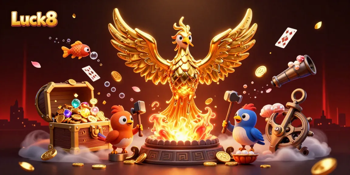 Enhance your luck with Luck8’s golden phoenix symbolizing fortune amidst colorful casino treasures.