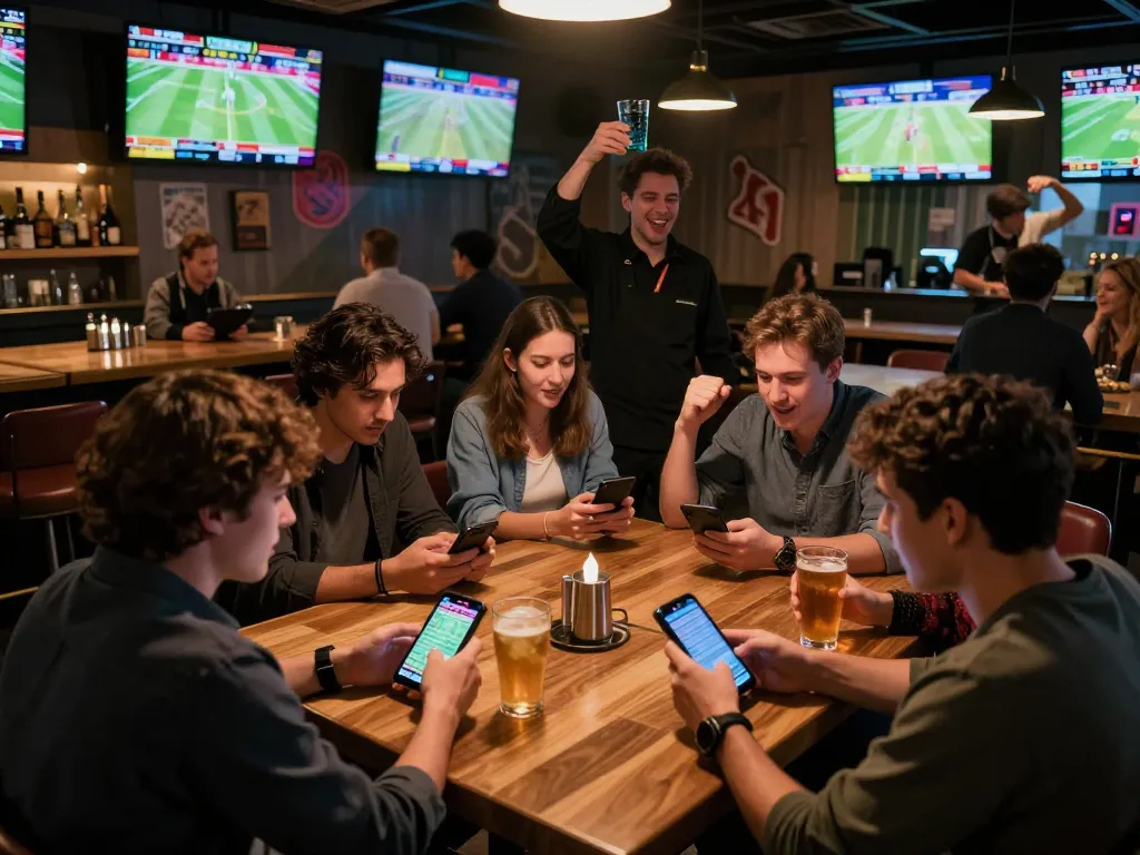Engaged patrons analyzing trang cá độ bóng đá betting odds in a lively sports bar setting