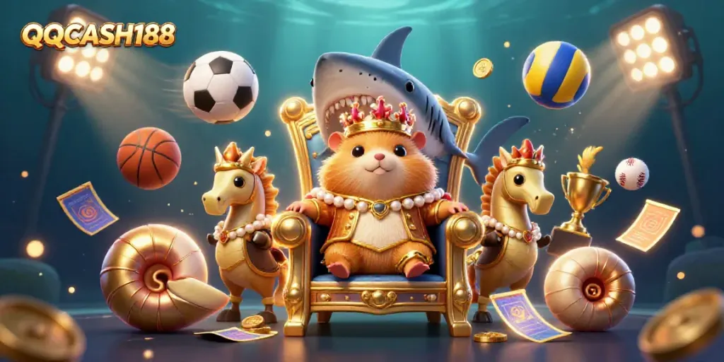 Experience thrilling games with QQCASH188 featuring a golden hamster king and vibrant sports elements.