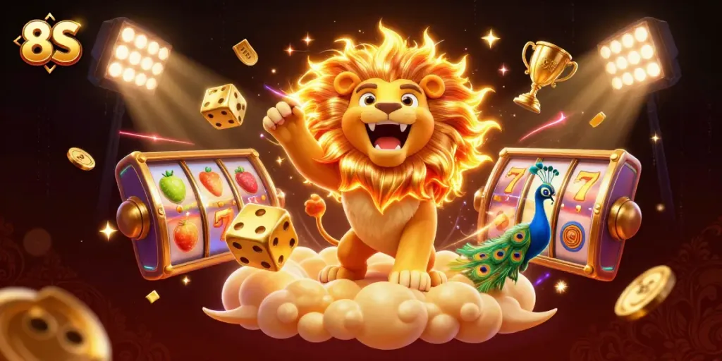 Engage with 8S casino adventures featuring vibrant slot reels, roaring lion, and stunning cosmic elements.