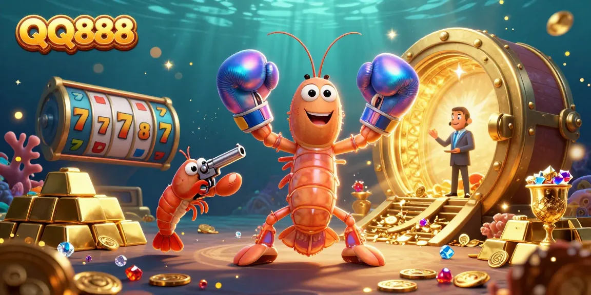 Engage in exciting gameplay with QQ888 featuring animated marine characters among sparkling casino elements.