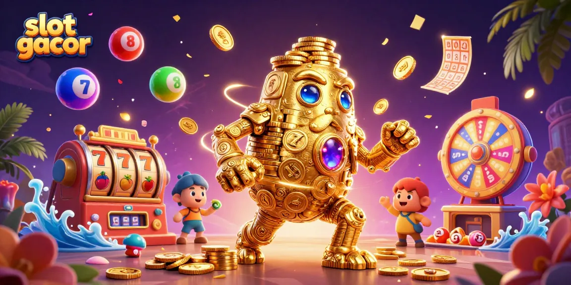 Engage with slot gacor in this vibrant animation of a golden golem amidst exciting casino elements.