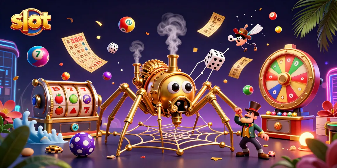 Slot menang di kasino dengan karakter laba-laba steampunk dan bola lotere berwarna-warni menghadirkan momen beruntung.